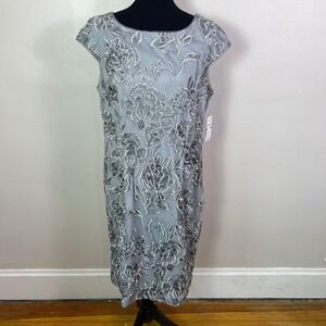 Alex Evenings Size 16 Silver Floral Embroidered Mesh Sheath Dress NWT $195